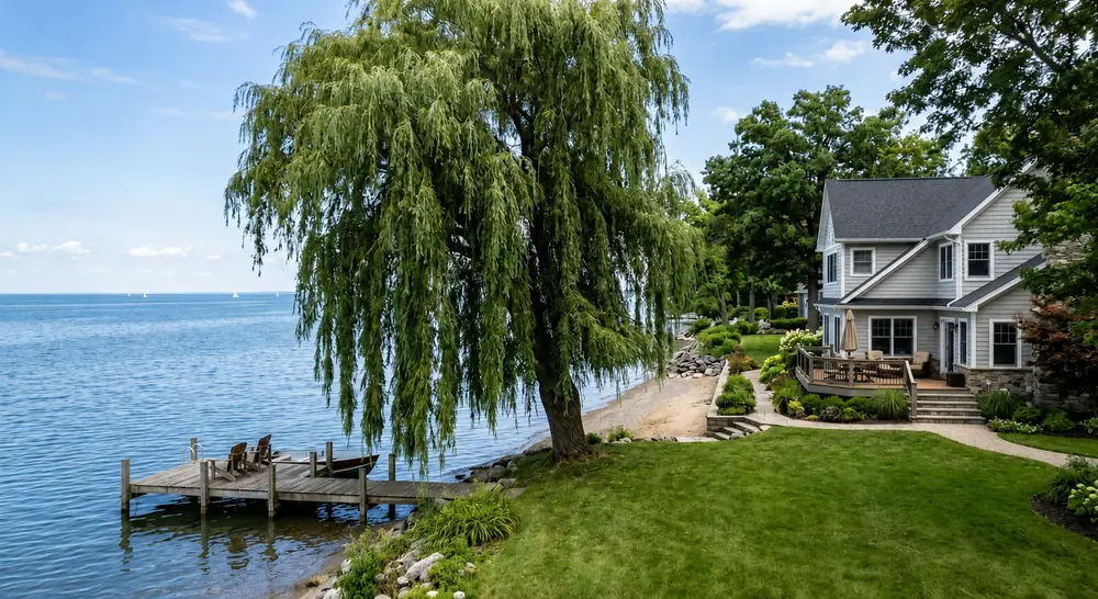 A team of men at work trimming trees and grooming bushes at a Michigan home.